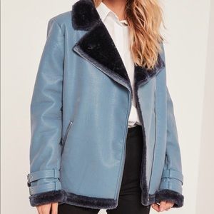 NWOT Missguided blue faux leather  aviator jacket